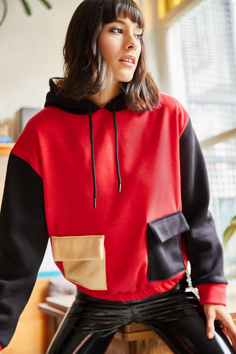 Renk Bloklu İçi Polarlı Sweatshirt Kırmızı Siyah