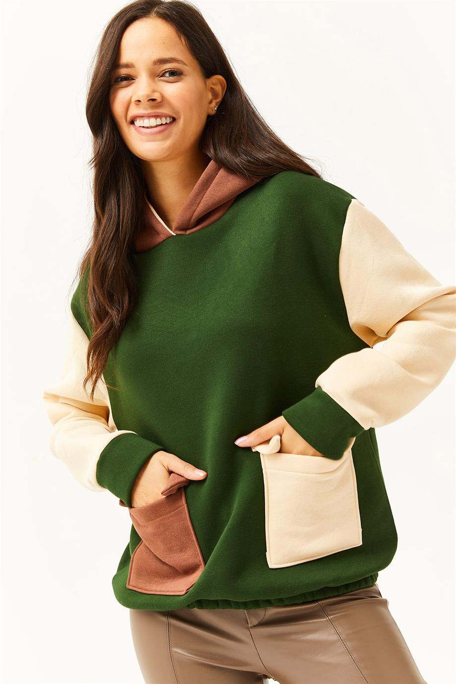 Renk Bloklu İçi Polarlı Sweatshirt Zümrüt Yeşili Bej