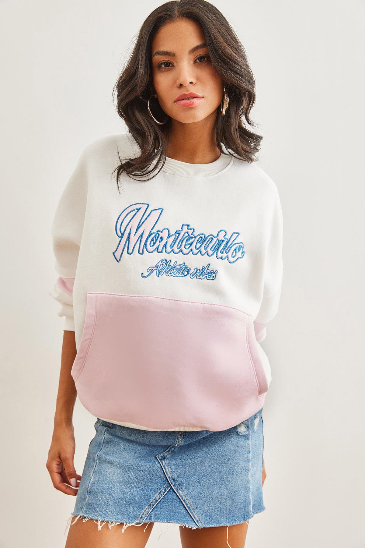 Renkli Kanguru Cepli Şardonlu Sweatshirt Ekru