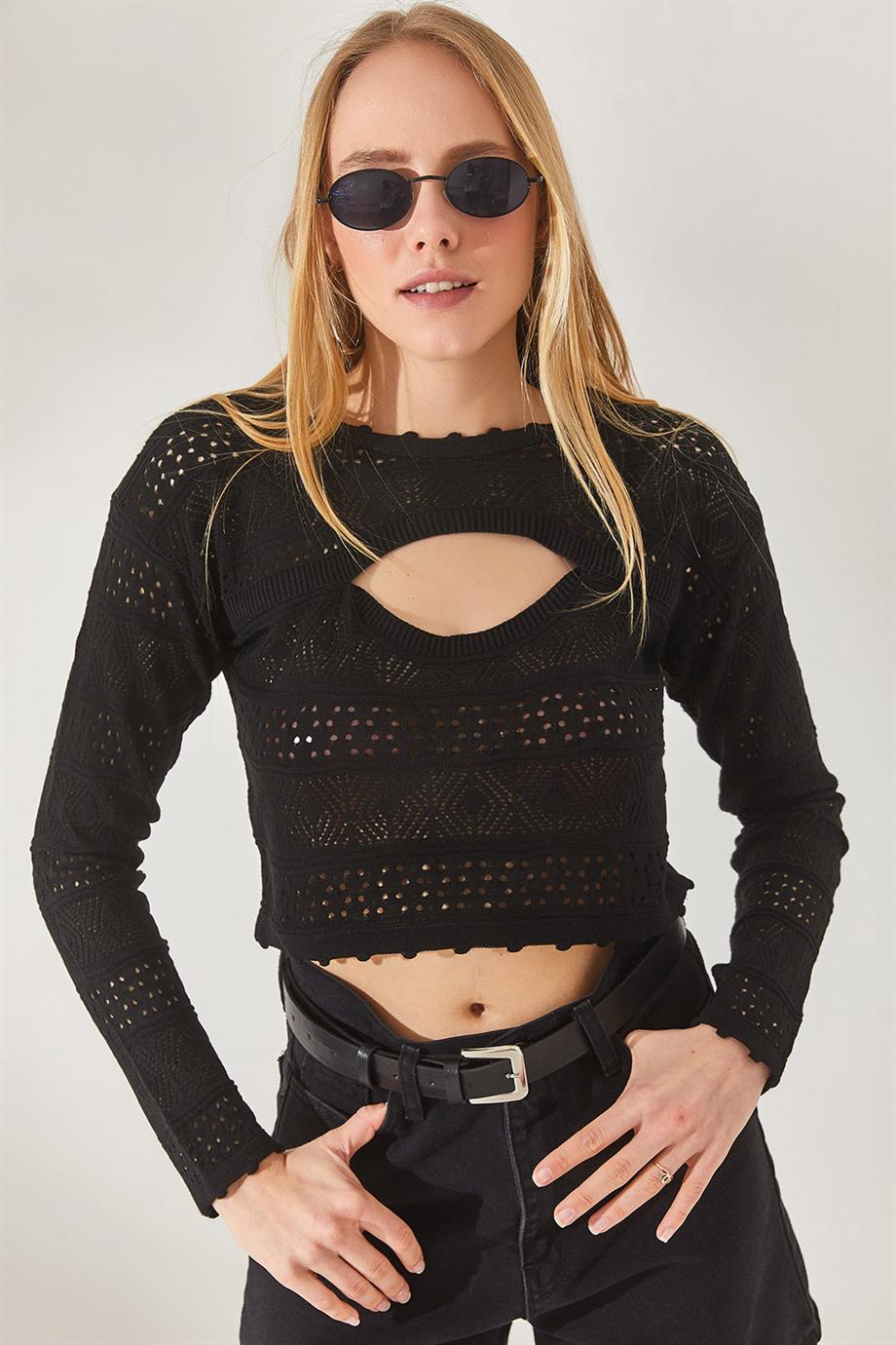 Roba Dekolteli Ajurlu Crop Triko Bluz Siyah