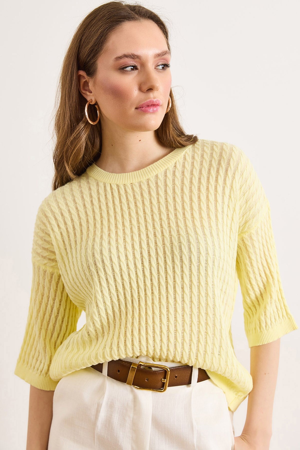 Saç Örgü Ajurlu Loose Fit Mevsimlik Triko Bluz Sarı