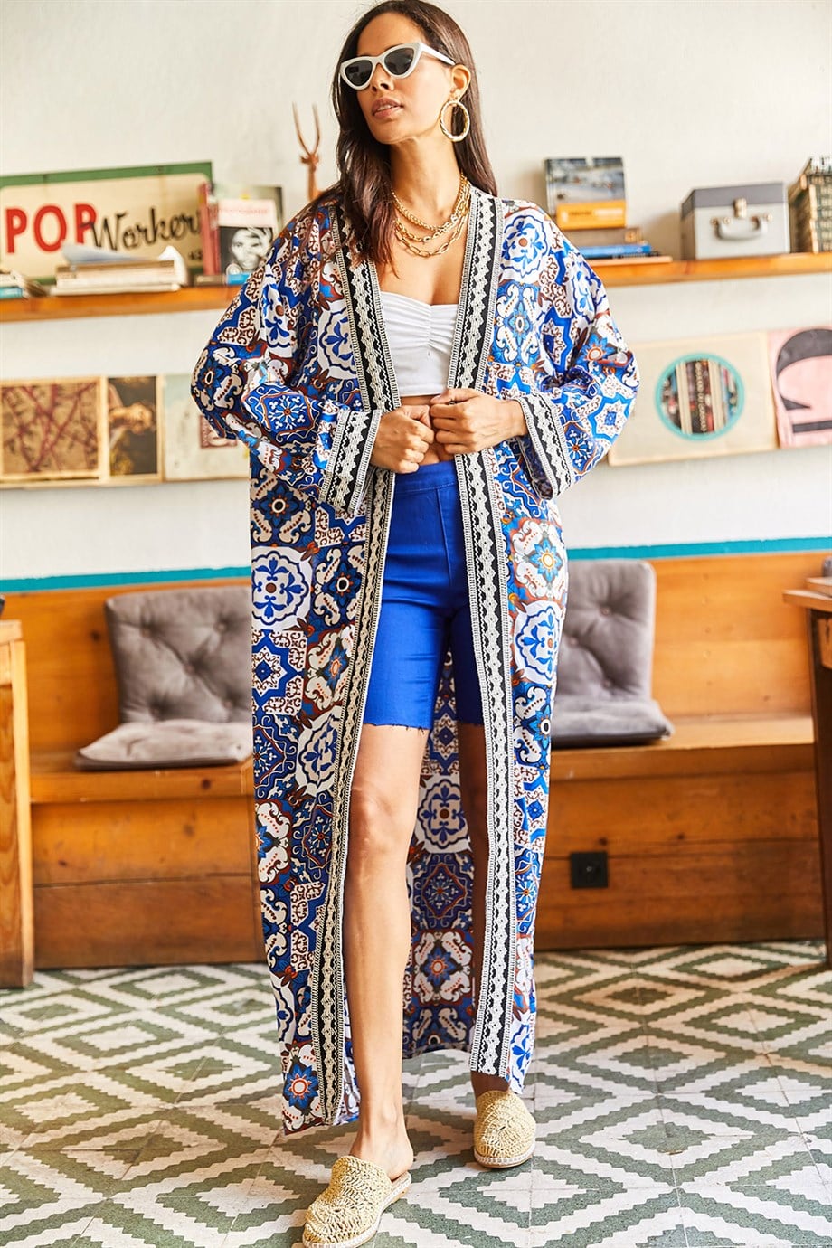 Şerit Detaylı Oversize Kaftan Kimono Saks Çiçekli