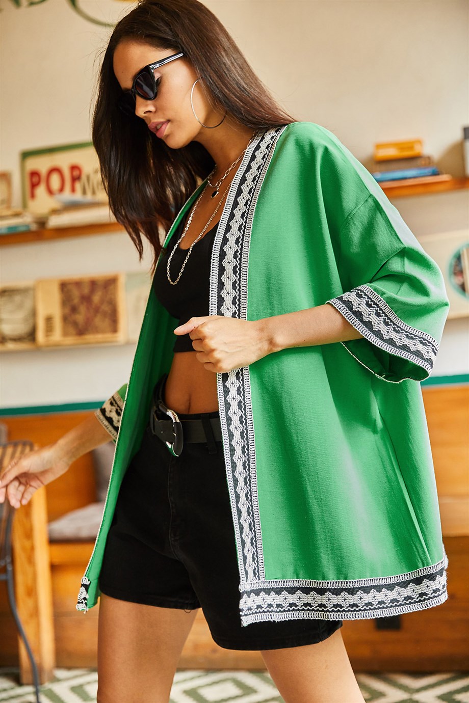 Şerit Detaylı Salaş Dokuma Kimono Çimen Yeşili