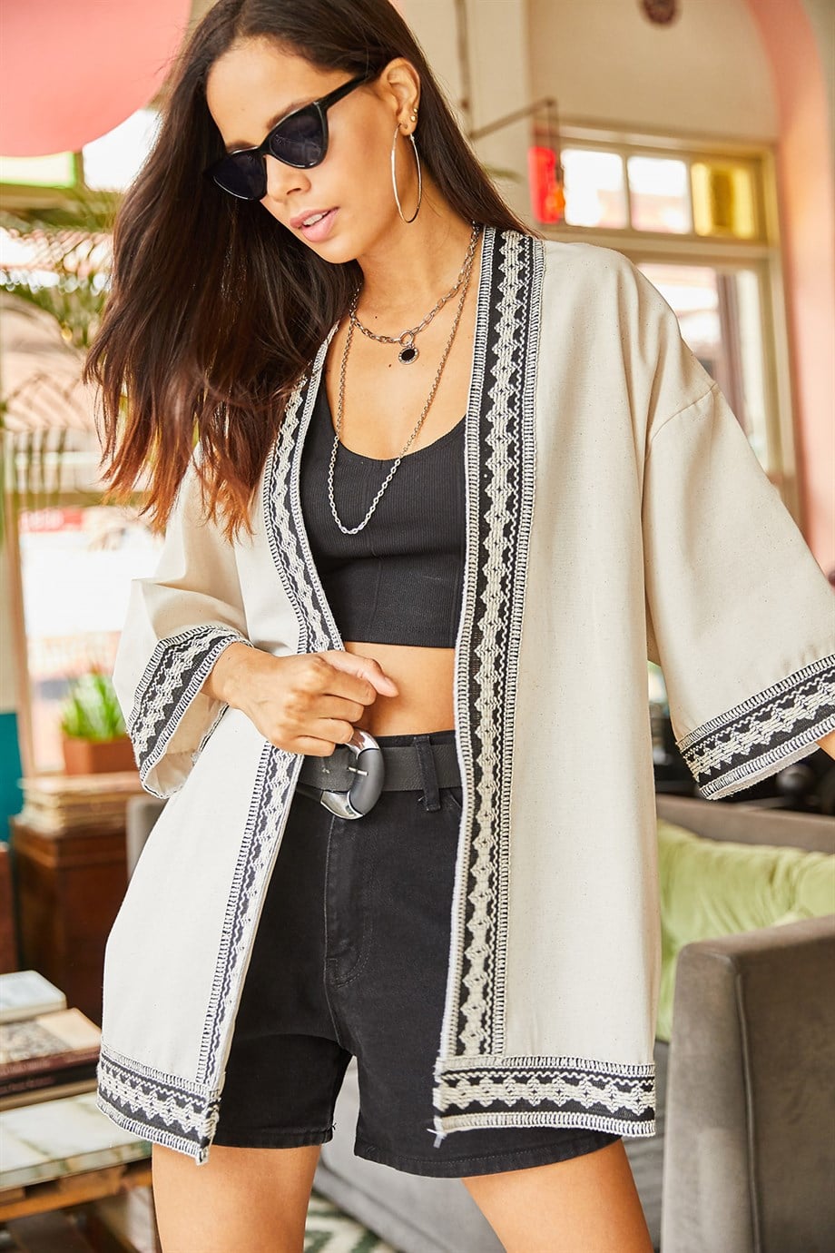 Şerit Detaylı Salaş Dokuma Kimono Taş