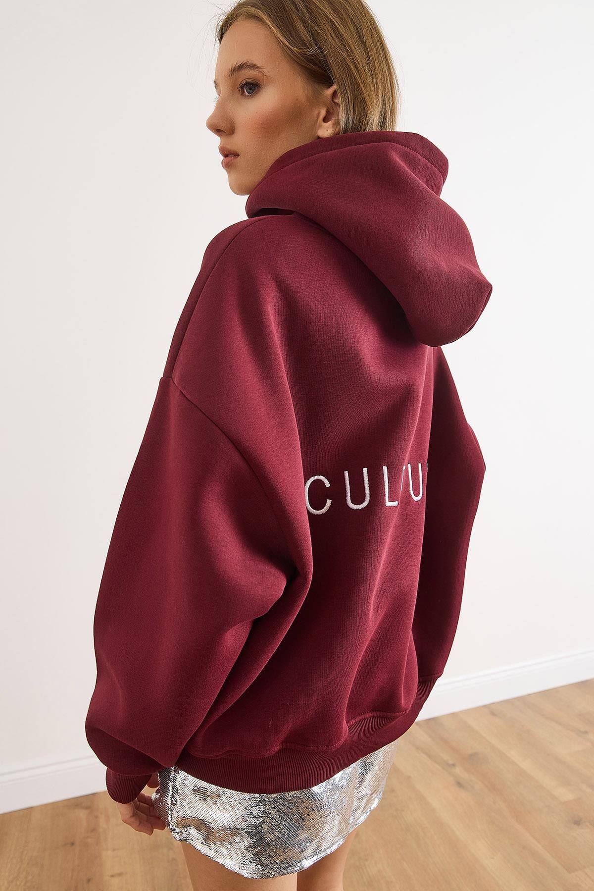 Sırt Culture Nakışlı Şardonlu Oversize Sweatshirt Bordo