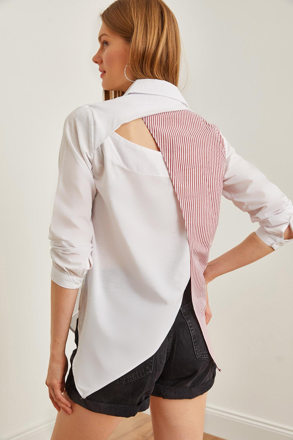 Sırtı Cut Out Detaylı Sambre Oversize Gömlek Bordo Beyaz