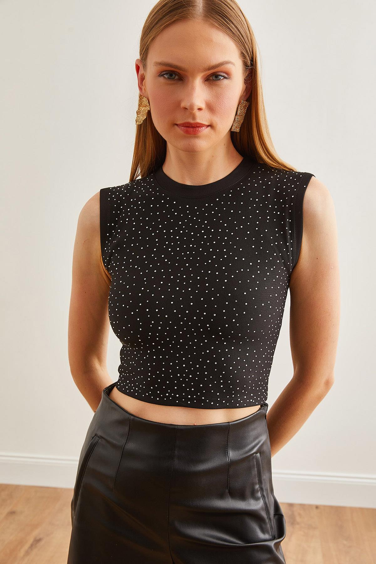 Taş Detaylı Ottoman Crop Bluz Siyah