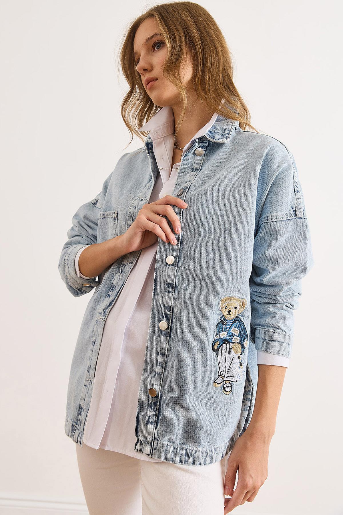 Tek Cepli Ayıcık Nakışlı Denim Ceket Açık Mavi