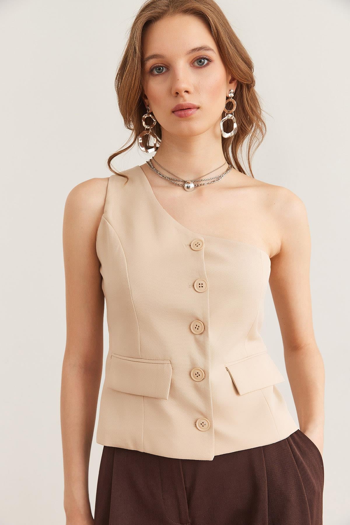 Tek Omuz Fleto Cepli Premium Double Yelek Bej