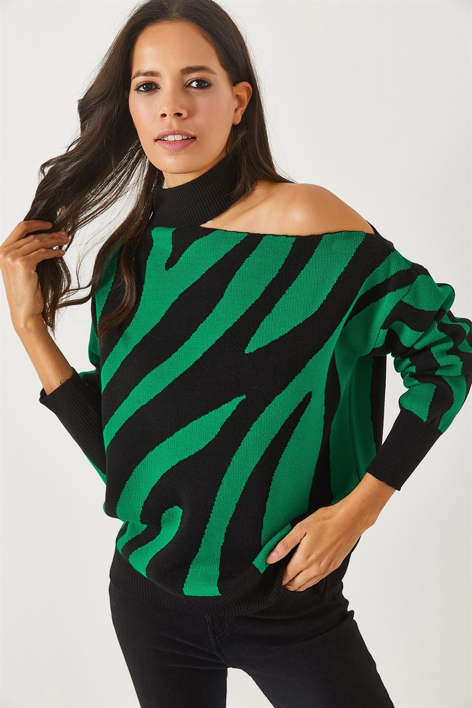 Tek Omuz Zebra Desen Oversize Triko Kazak Zümrüt Yeşili