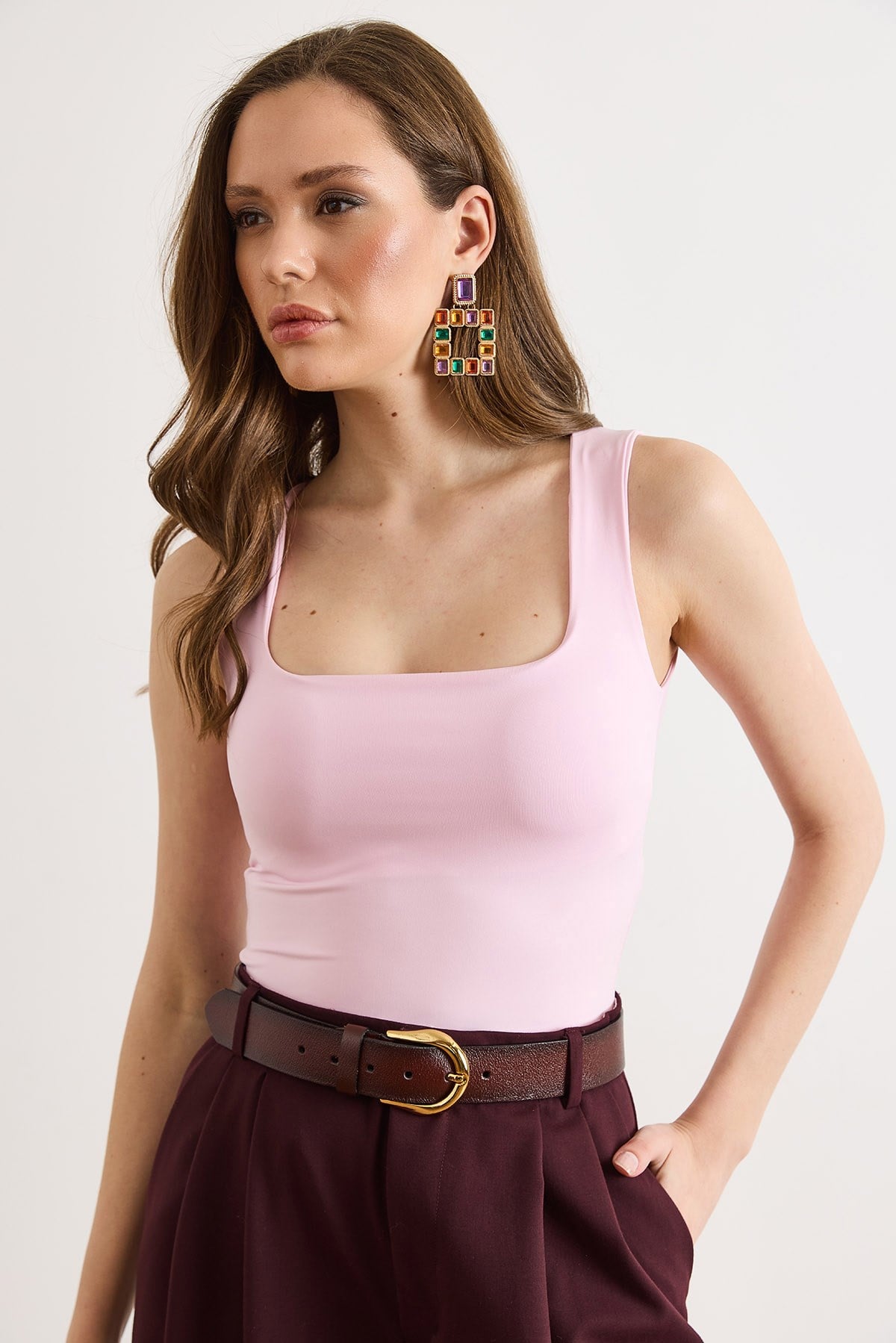 U Yaka Yarıya Kadar Çift Kat Altı Çıtçıtlı Bodysuit Pembe
