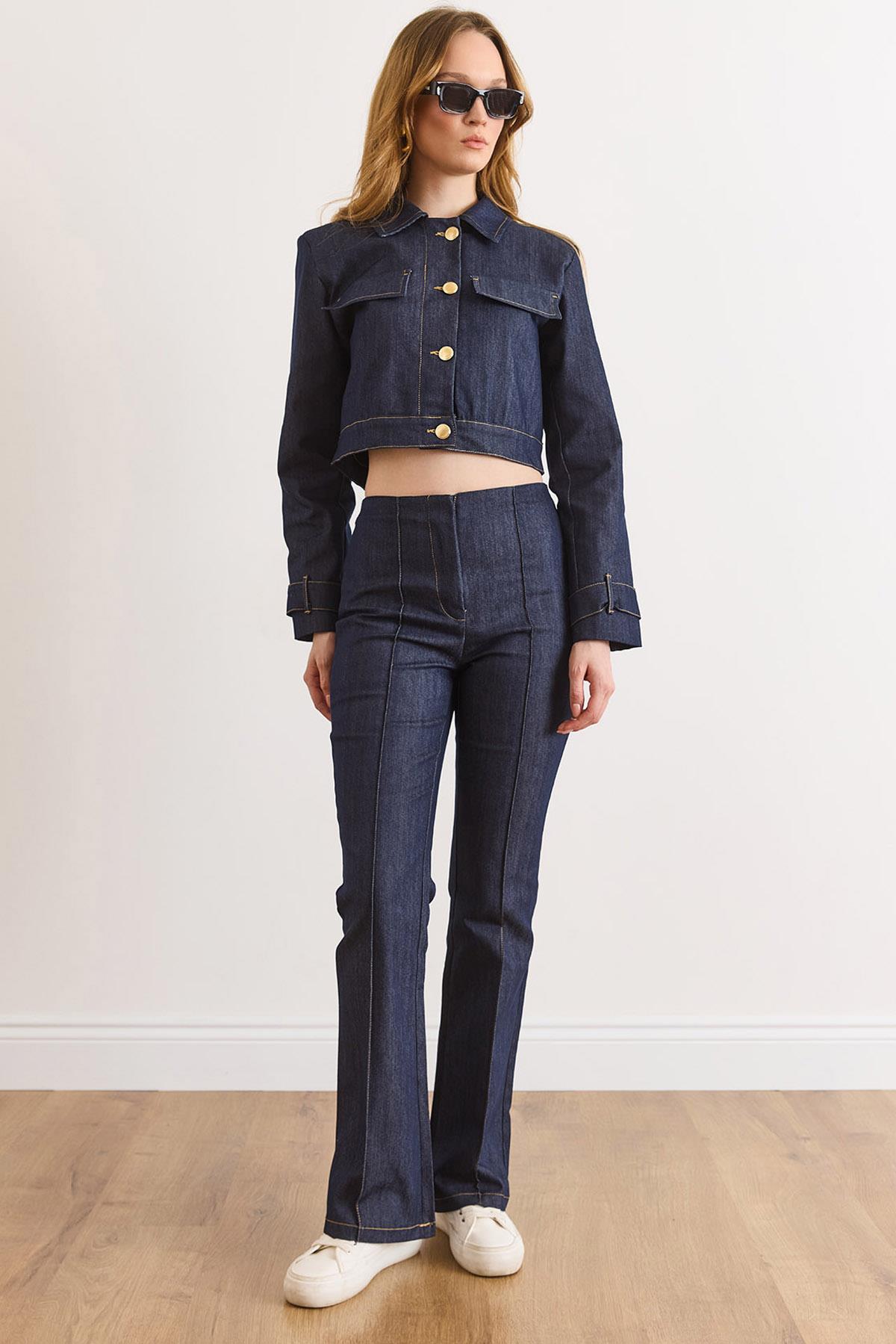 Üst Astarlı Ceket Alt Dikiş Detaylı Pantolon Denim Takım Lacivert