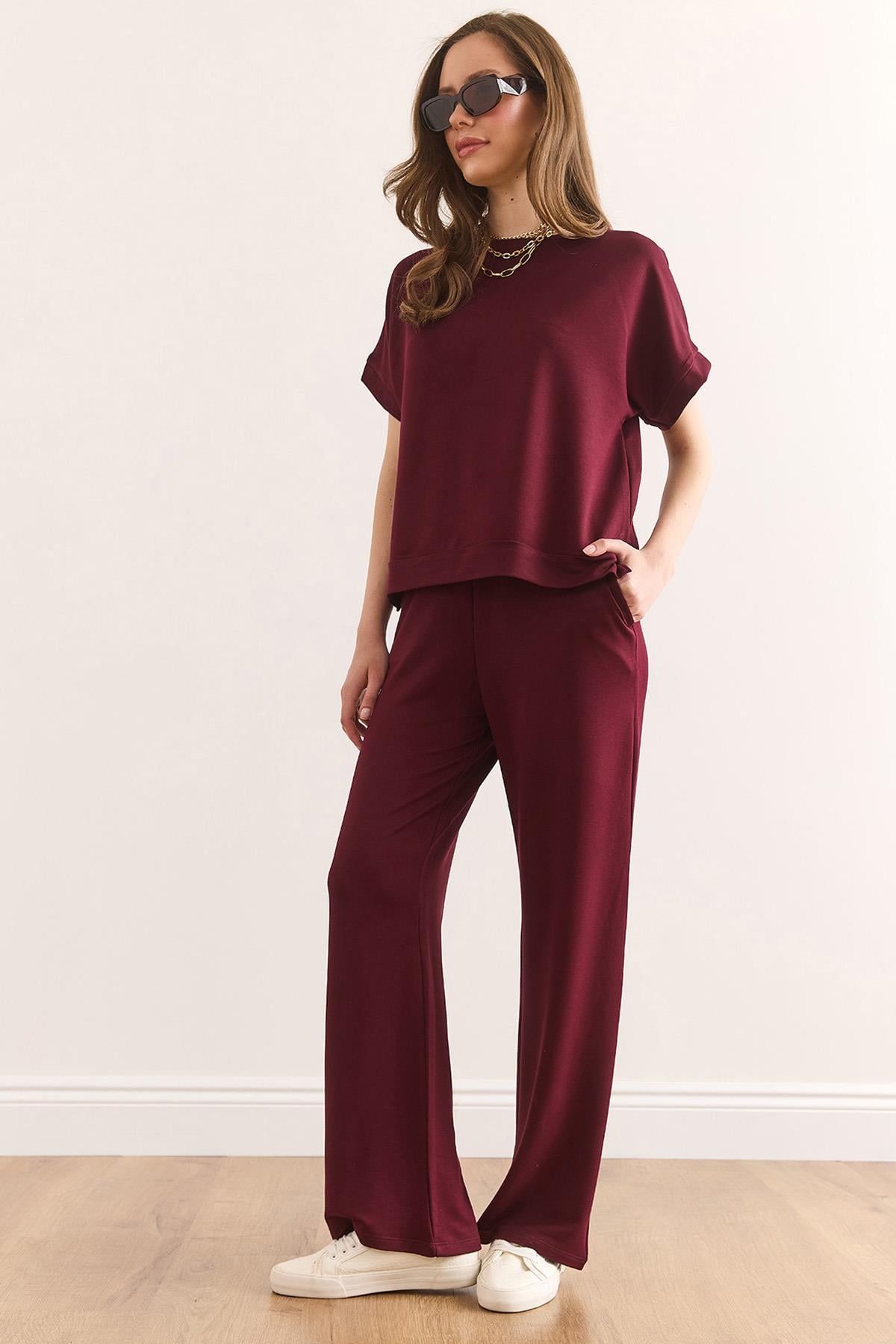 Üst Bluz Alt Cepli Pantolon Takım Bordo