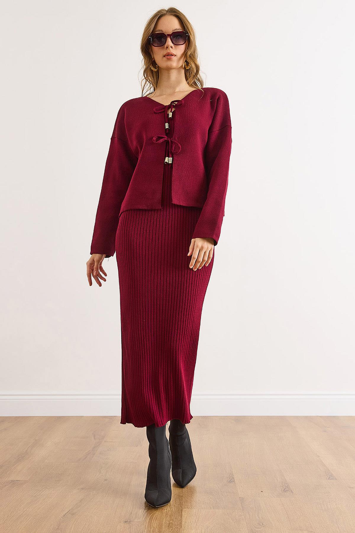Üst Hırka İç Elbise Triko Takım Bordo
