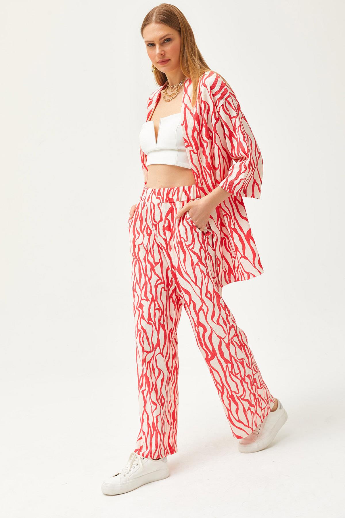 Üst Kimono Alt Cepli Pantolon Takım Fuşya