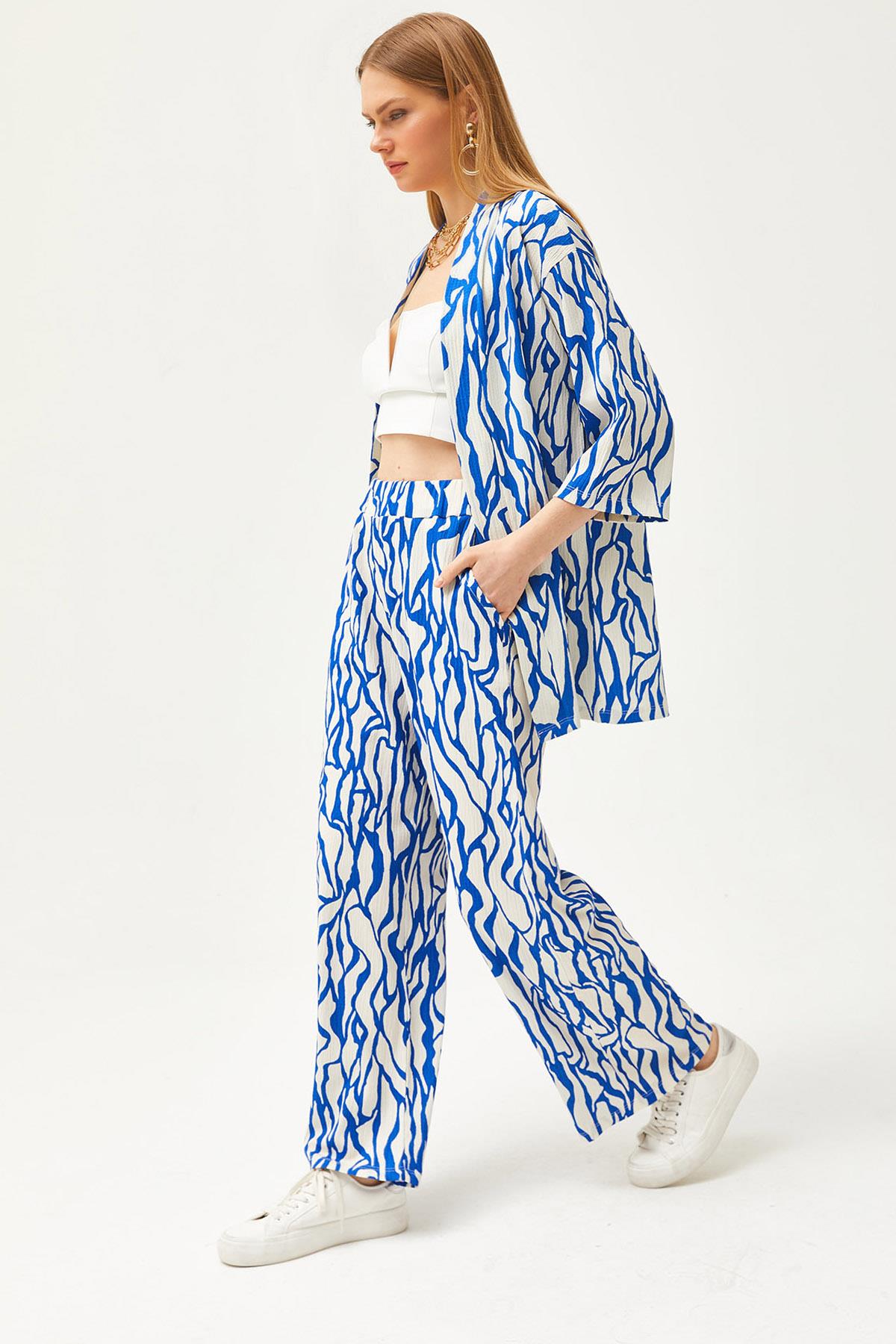 Üst Kimono Alt Cepli Pantolon Takım Saks Mavi
