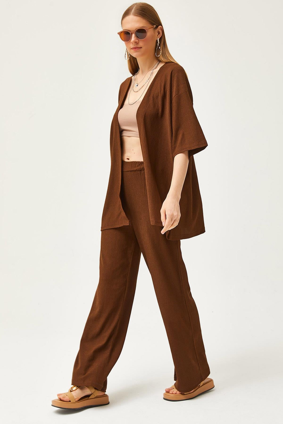 Üst Kimono Alt Pantolon Takım Acı Kahve