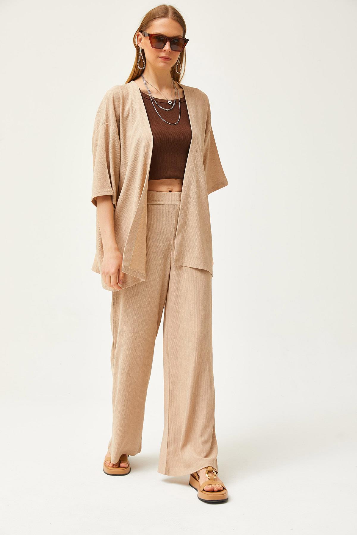 Üst Kimono Alt Pantolon Takım Bej