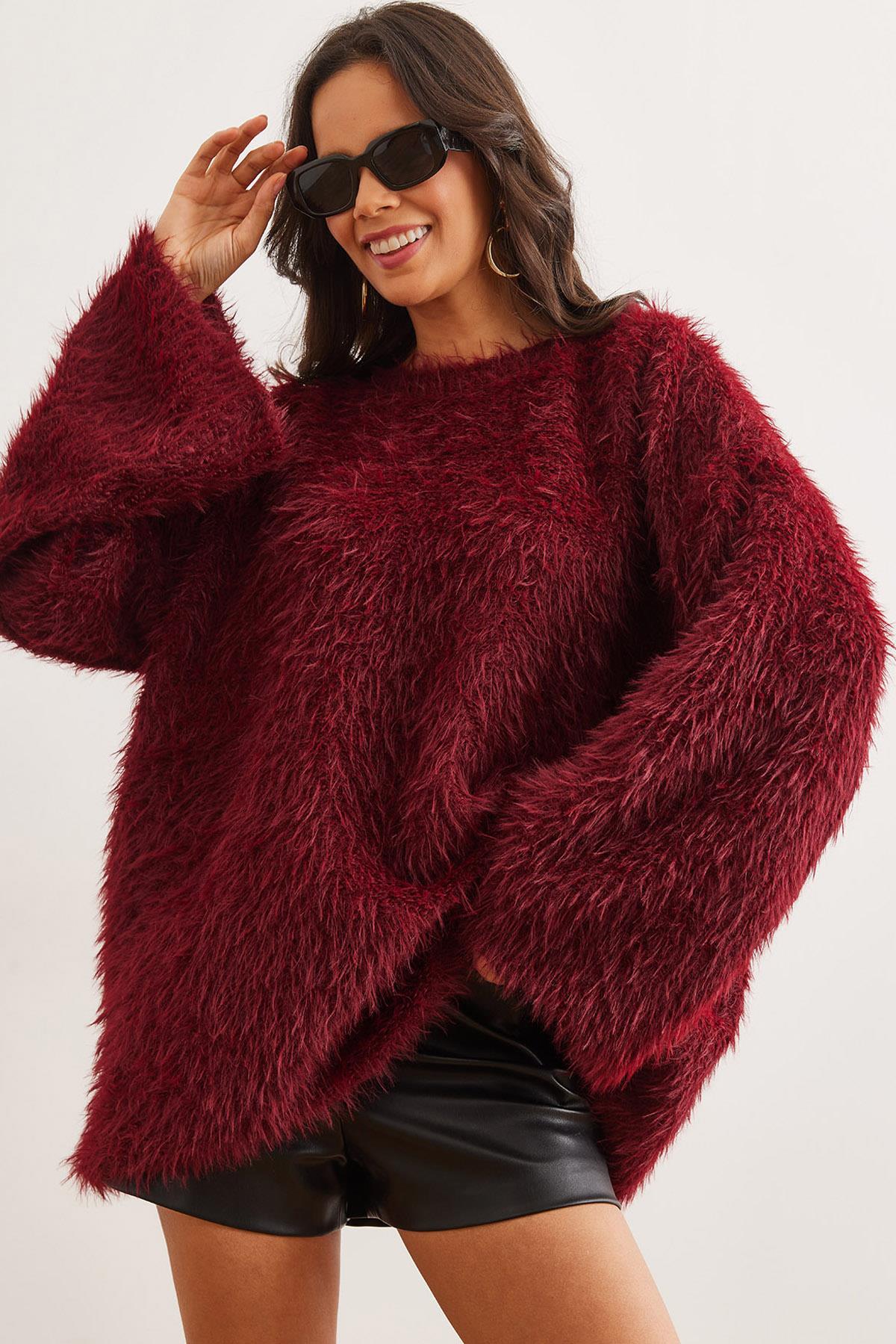 Uzun Sakallı Oversize Triko Kazak Bordo