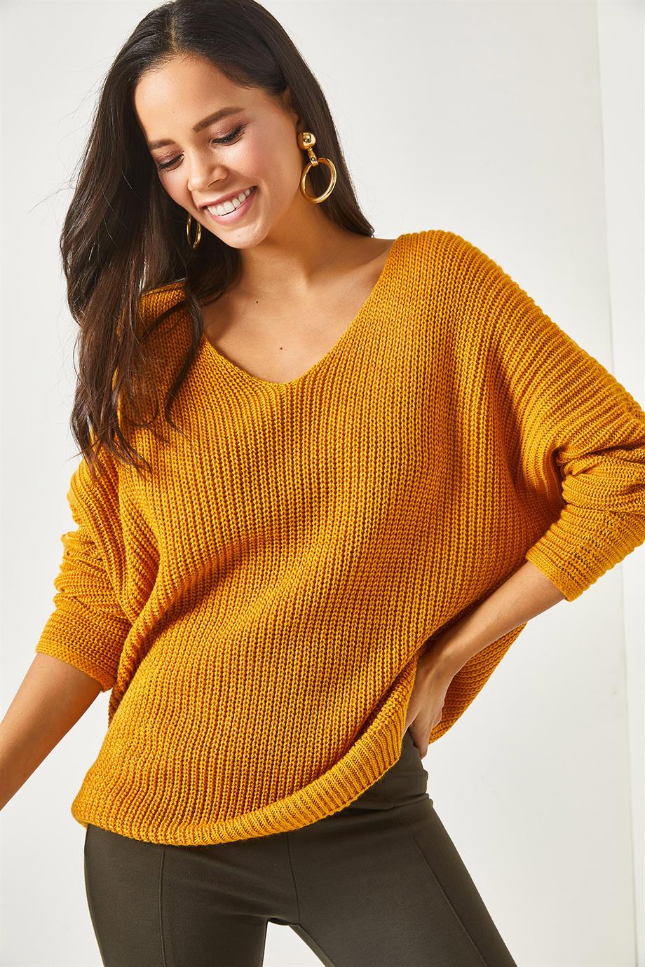 V Yaka Selanik Örgü Oversize Triko Tunik Hardal
