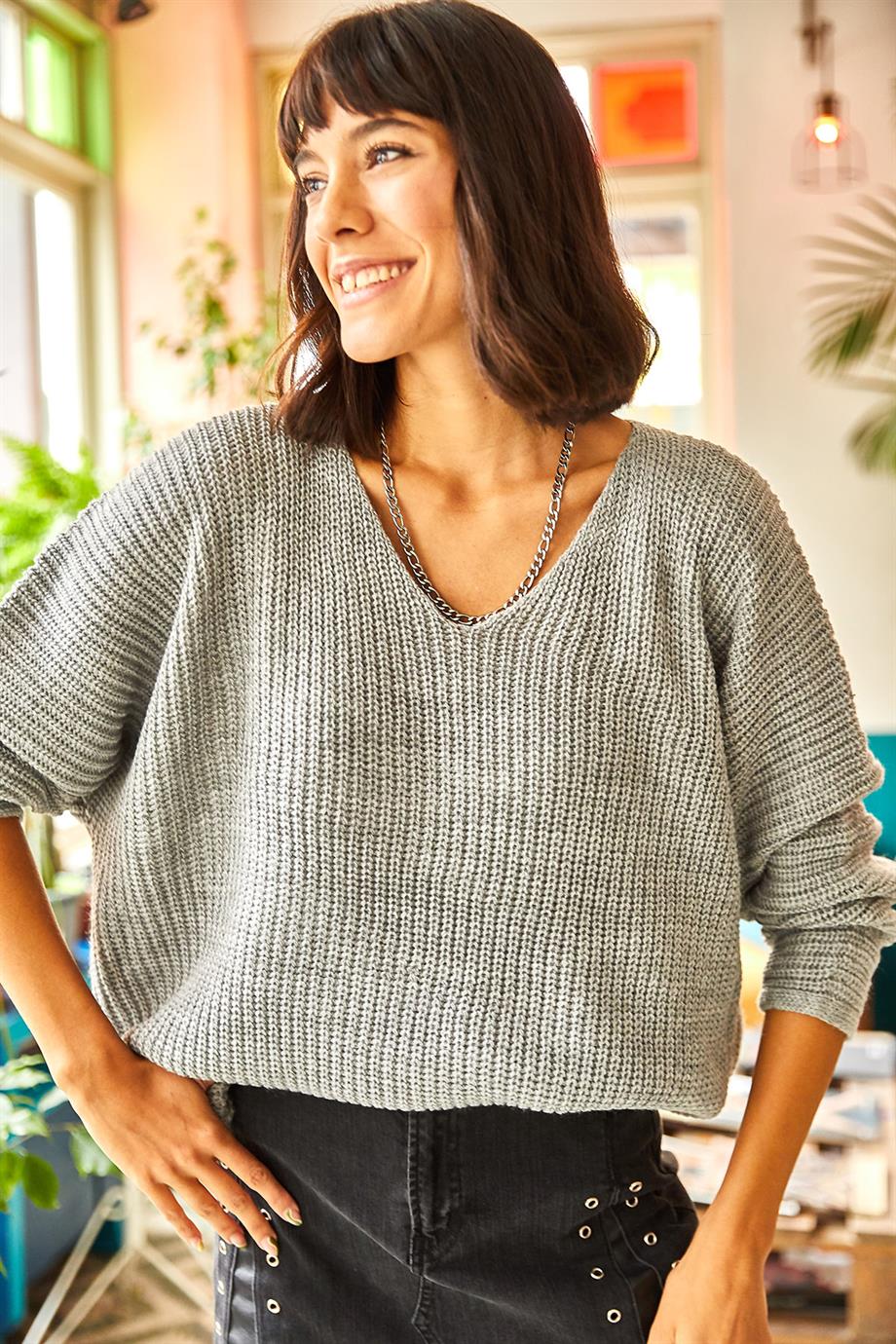 V Yaka Selanik Örgü Oversize Triko Tunik Gri
