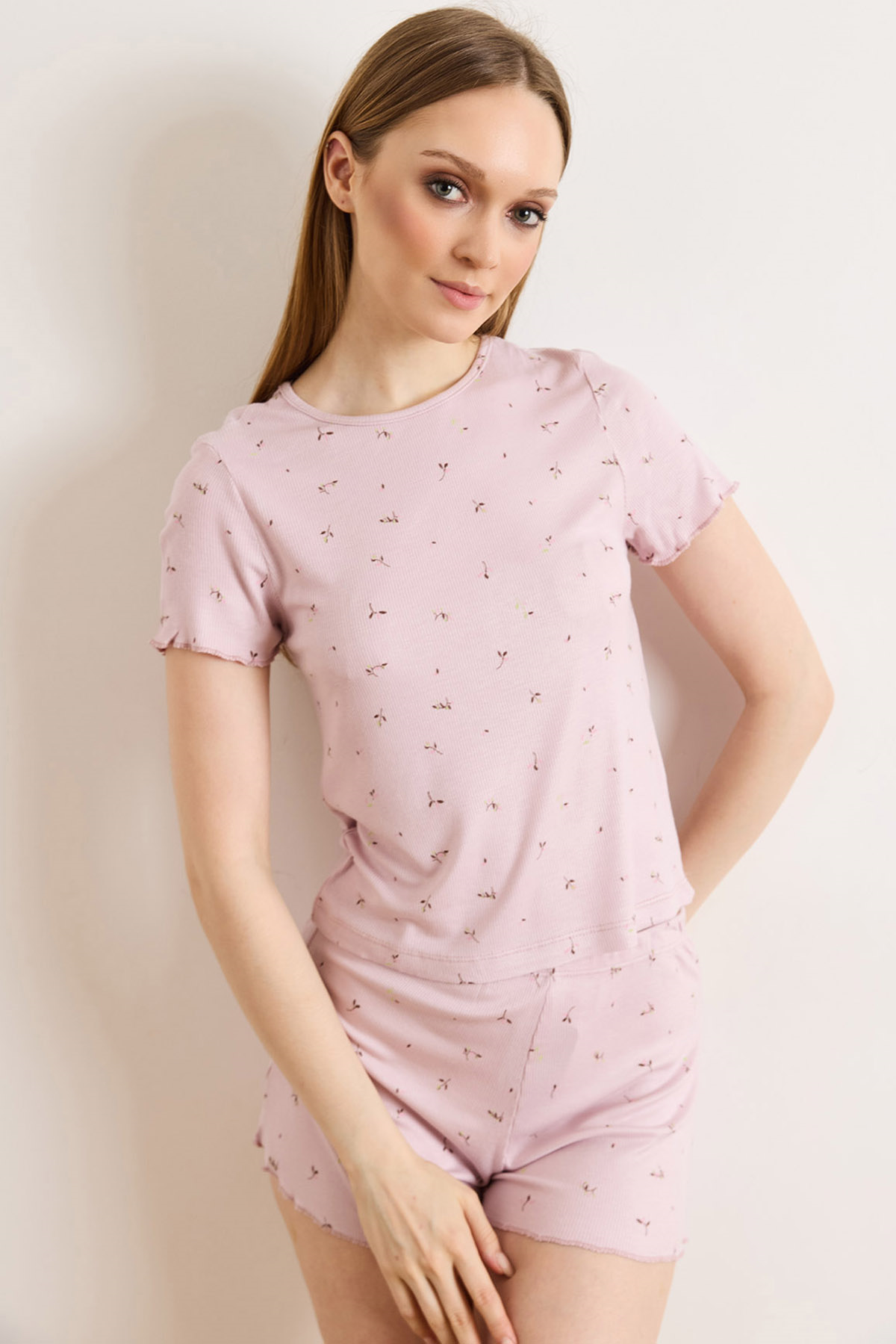 Viskon Şortlu Pijama Takımı Lila Yaprak