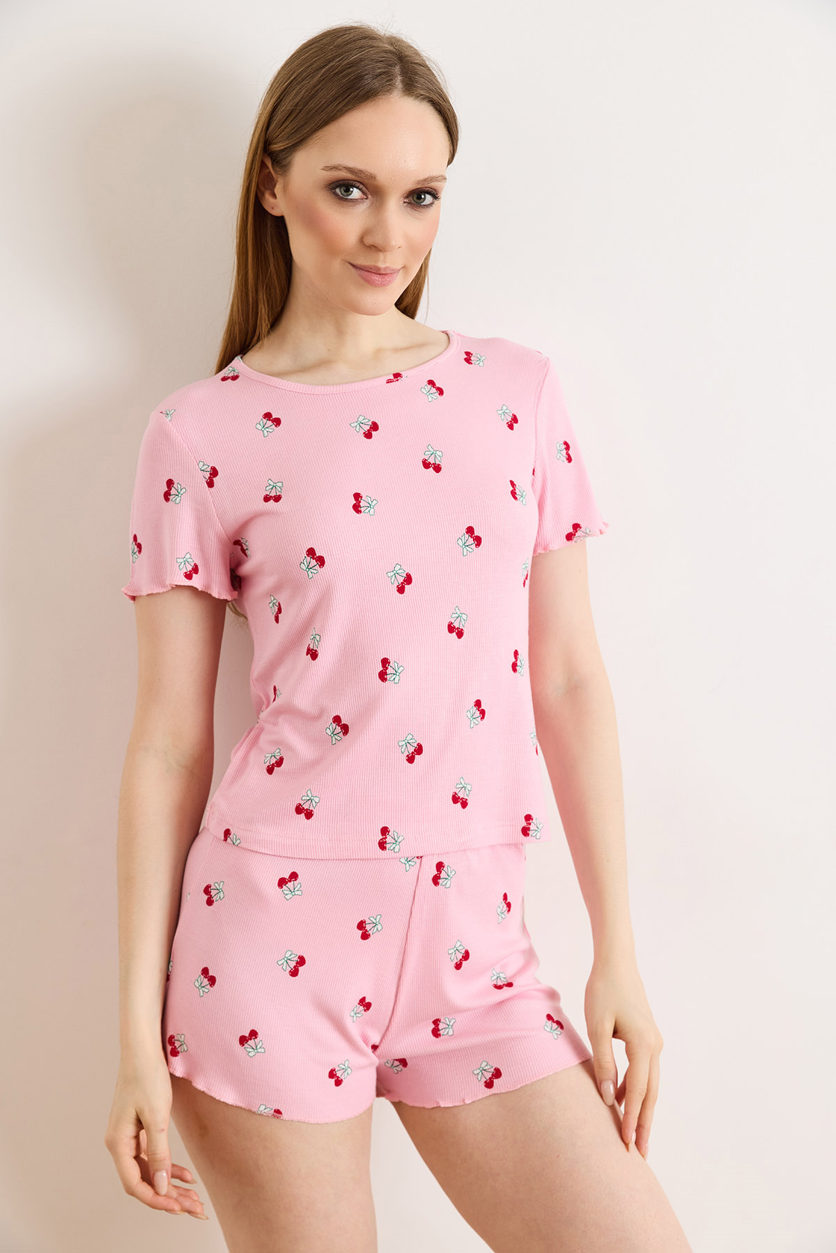 Viskon Şortlu Pijama Takımı Pembe Kiraz