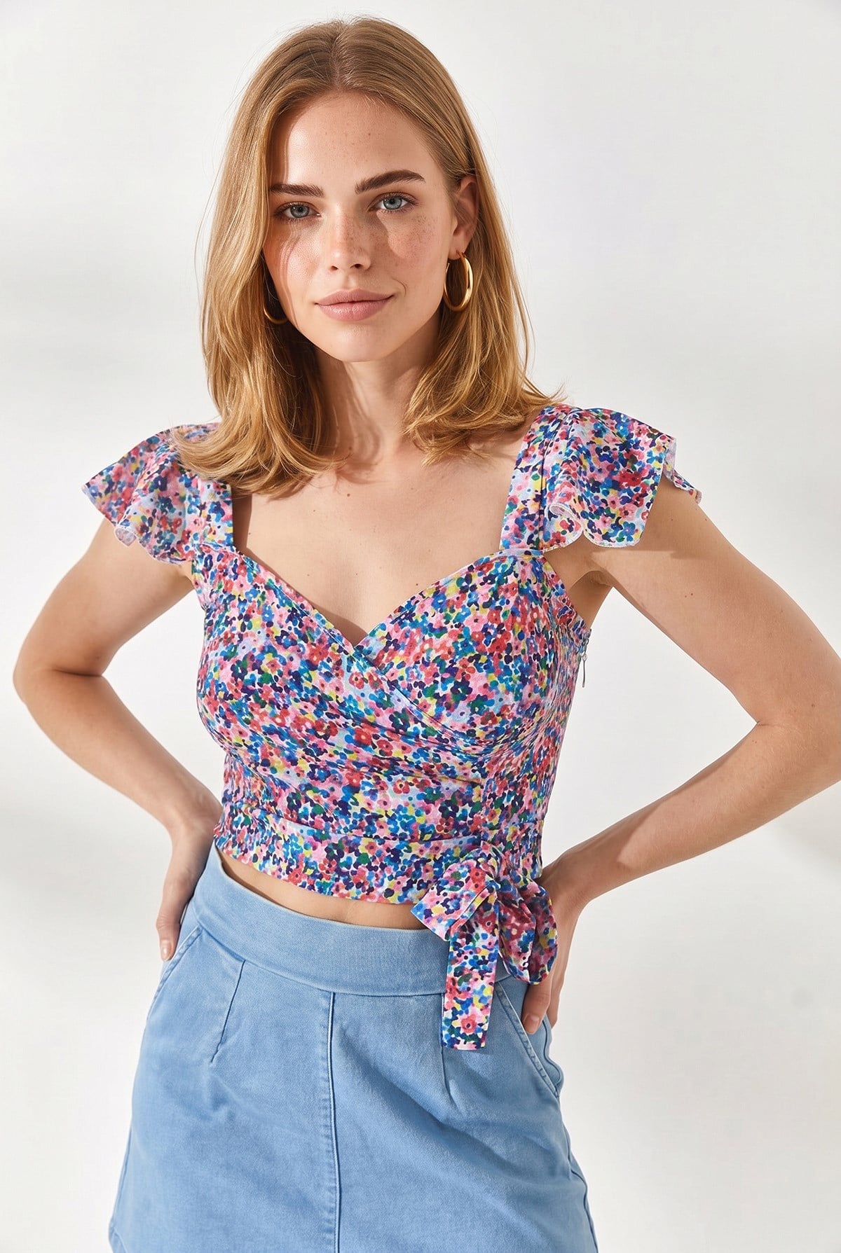 Yandan Fermuarlı Crop Krep Bluz Çok Renkli