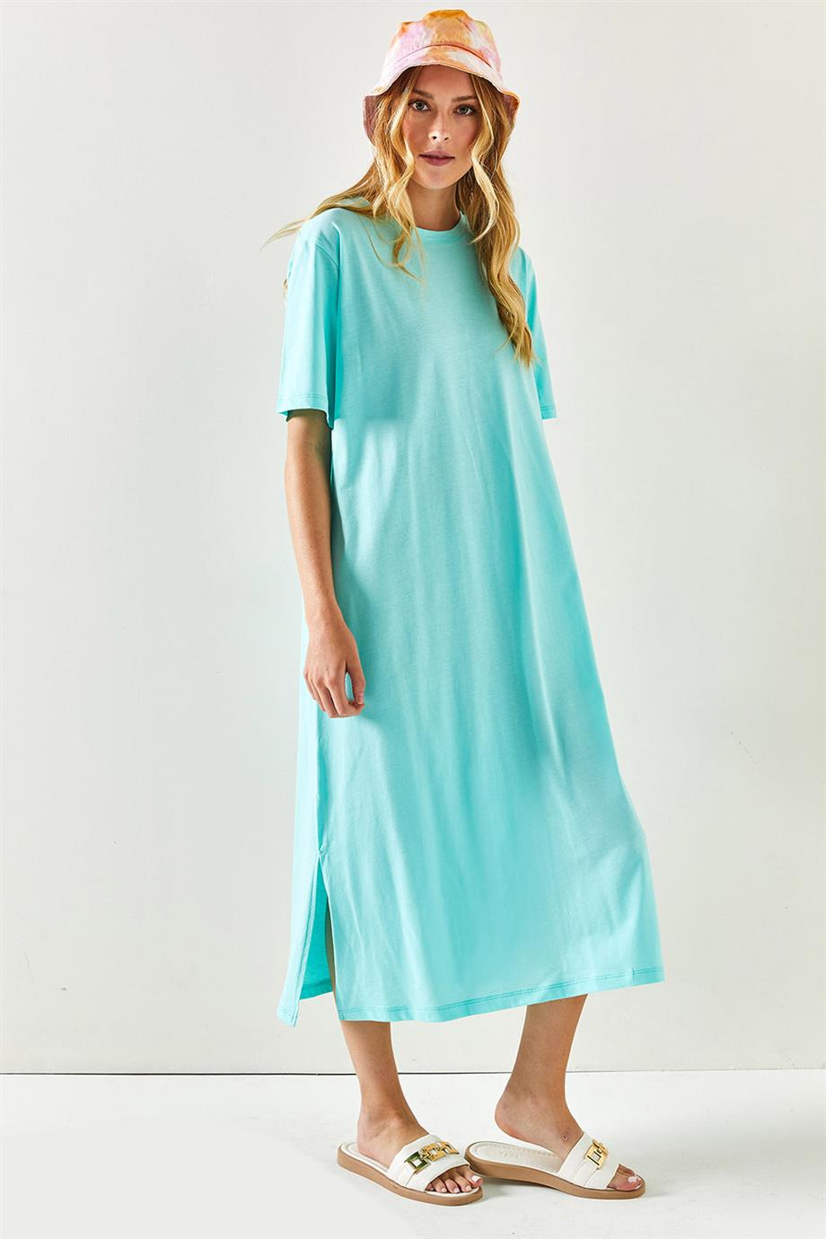 Yanı Yırtmaçlı Oversize Pamuk Elbise Mint Yeşili