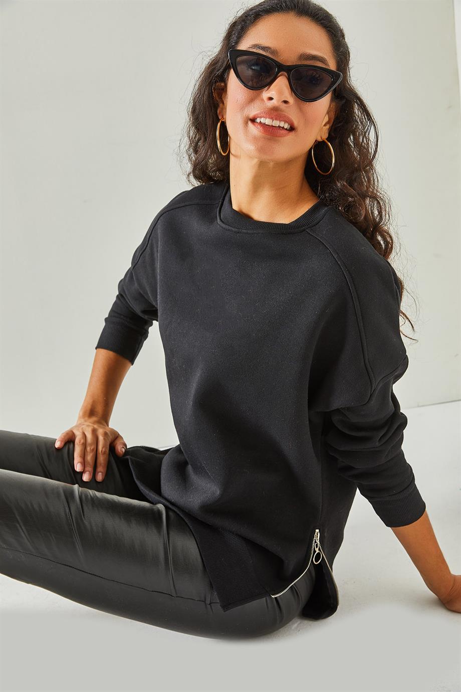 Yanları Fermuar Detaylı İçi Polarlı Kalın Sweatshirt Siyah
