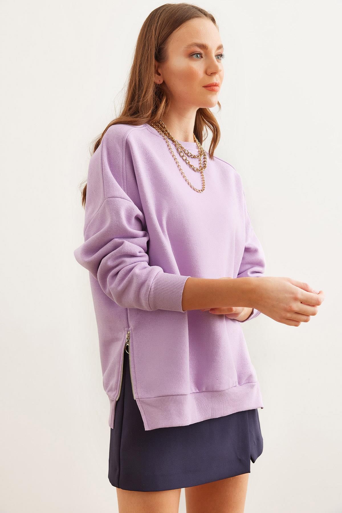Yanları Fermuar Detaylı İçi Polarlı Kalın Sweatshirt Lila