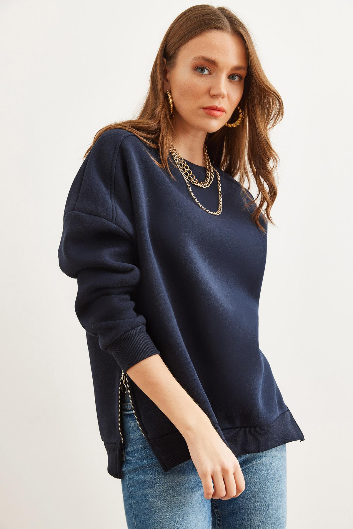 Yanları Fermuar Detaylı İçi Polarlı Kalın Sweatshirt Lacivert
