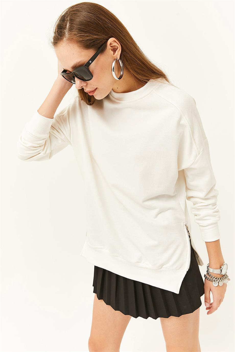Yanları Fermuar Detaylı İçi Polarlı Kalın Sweatshirt Ekru