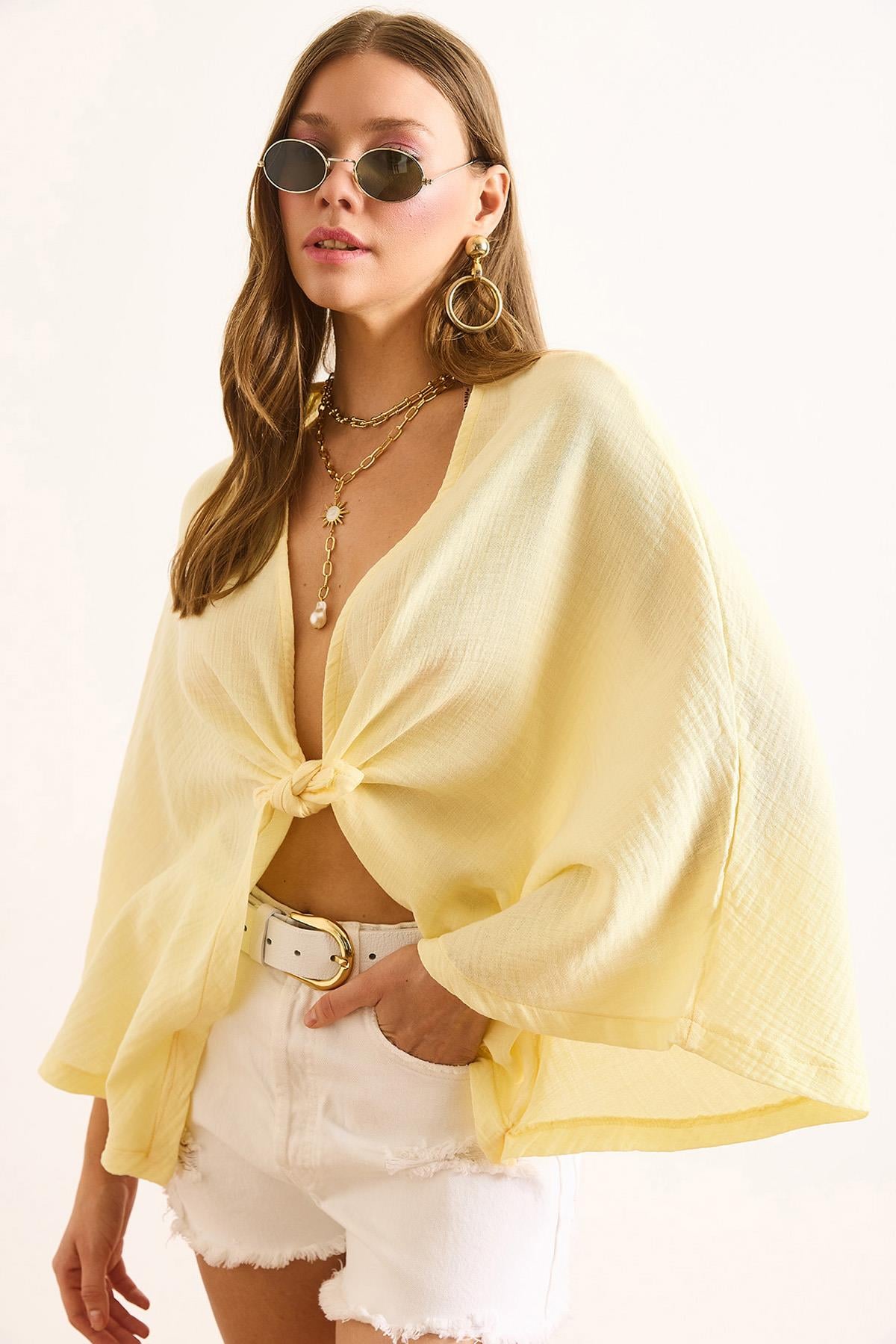 Yarasa Model Crop Müslin Kimono Sarı