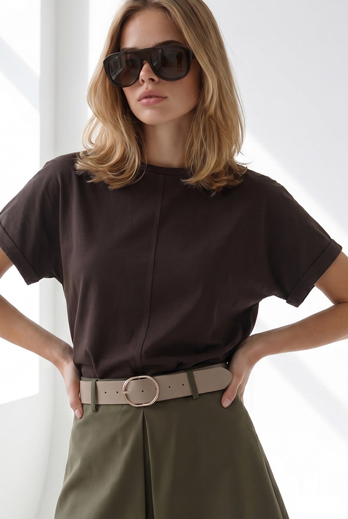 Yarasa Model Kol Katlamalı Loose Fit Pamuk Tişört Acı Kahve