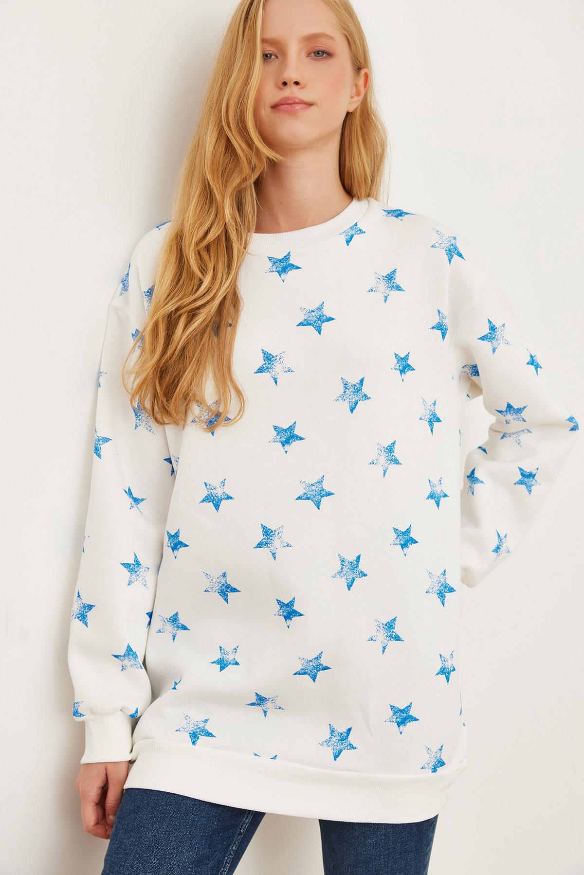 Yıldız Baskılı Oversize Şardonlu Sweatshirt Ekru mavi