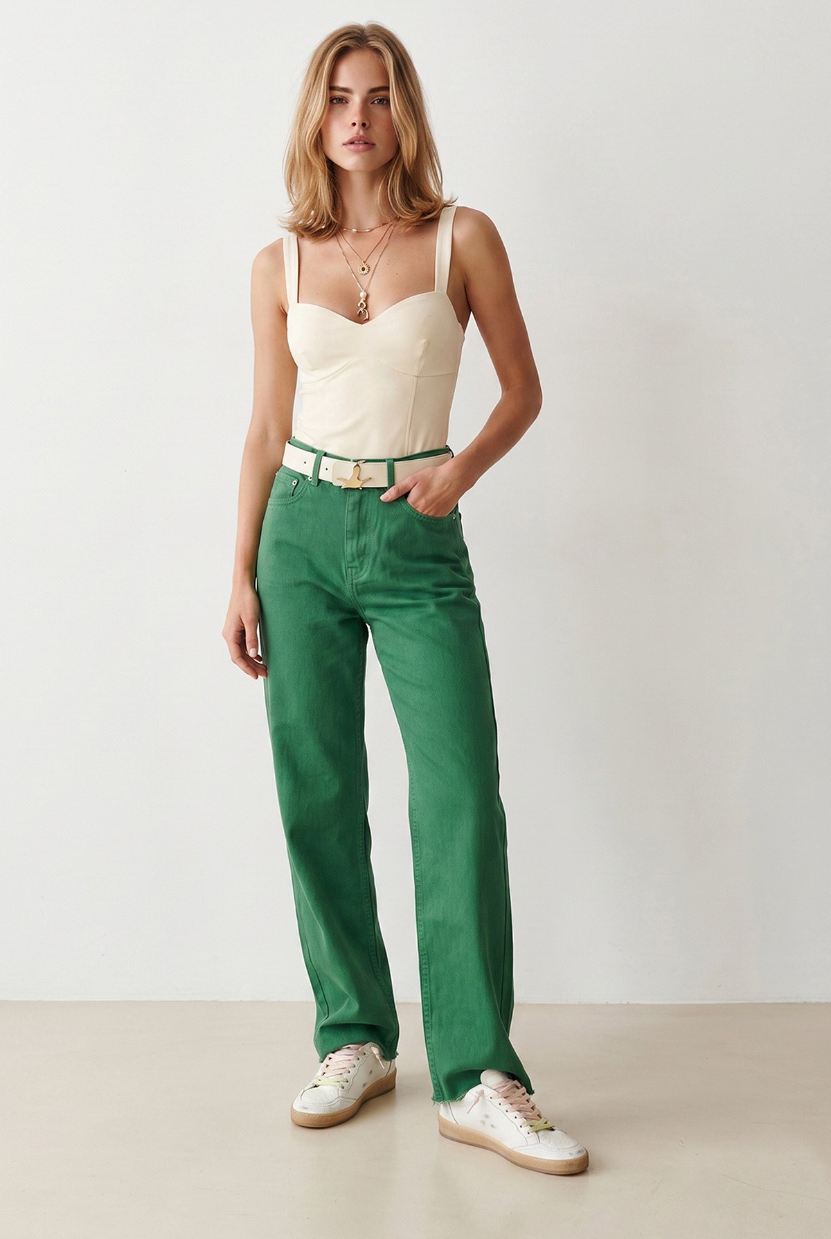 Yüksek Bel Wide Leg Gabardin Pantolon Çimen Yeşili