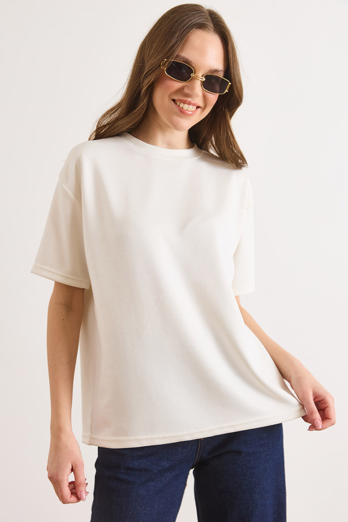 Yumuşak Dokulu Tok Loose Fit Tişört Beyaz