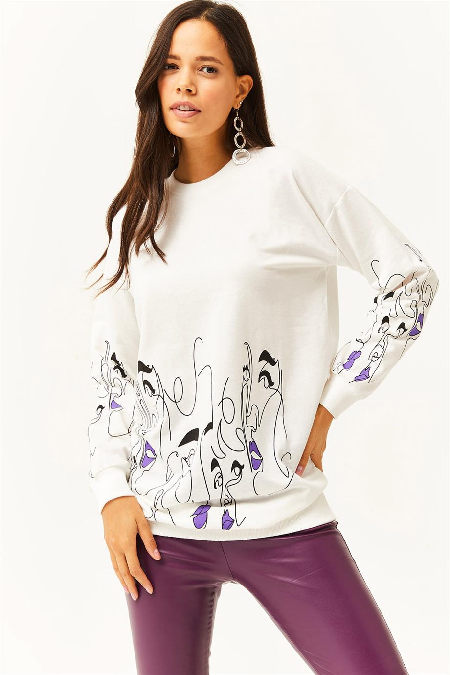 Yüz Figürlü Oversize Sweatshirt Beyaz