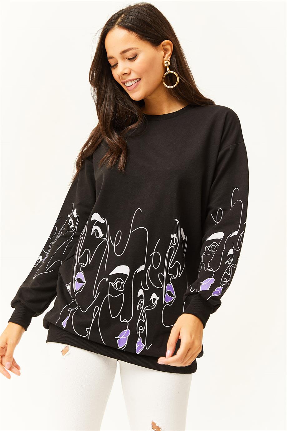 Yüz Figürlü Oversize Sweatshirt Siyah