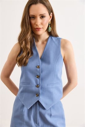 Astarlı Keten Yelek İndigo