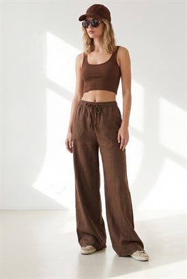 Beli Lastikli Cepli Gabardin Püsküllü Pantolon Kahverengi