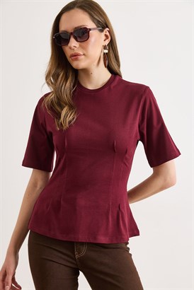 Bisiklet Yaka Pamuk Peplum Tişört Bordo