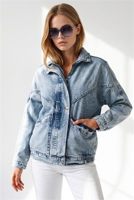 Cepli Fermuarlı Çıtçıtlı Uzun Denim Ceket Açık Mavi