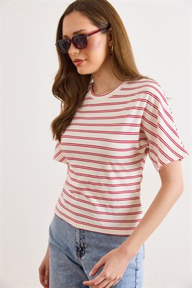 Çizgili Yarasa Basic Tişört Kırmızı Ekru