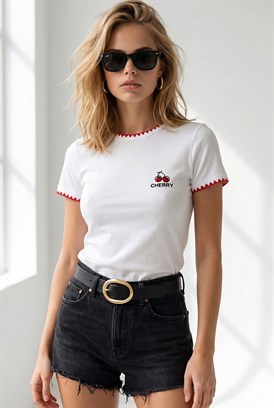 Çoban Dikiş Detaylı Ribana Esnek Crop Tişört Ekru