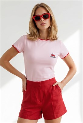 Çoban Dikiş Detaylı Ribana Esnek Crop Tişört Pembe