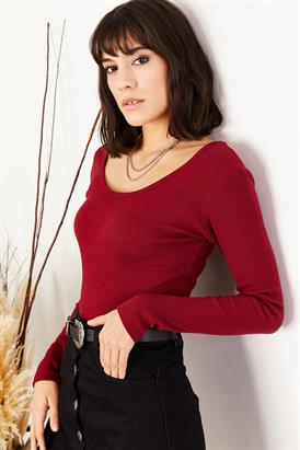 Geniş Yakalı Kaşkorse Bluz Bordo