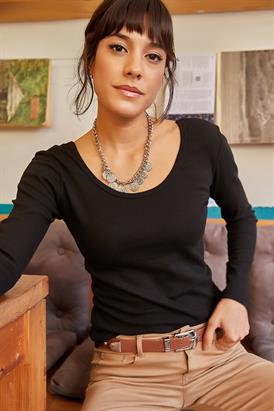 Geniş Yakalı Kaşkorse Bluz Siyah