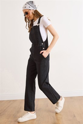 Kanguru Cepli Denim Salopet Siyah